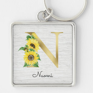 Monogram Gold Sunflower Girly Floral Initiaal N Sleutelhanger