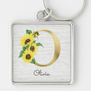 Monogram Gold Sunflower Girly Floral Initiaal O Sleutelhanger