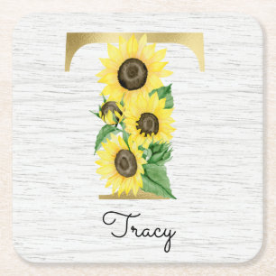 Monogram Gold Sunflower Girly Floral Initiaal T Vierkante Kartonnen Onderzetter