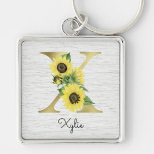 Monogram Gold Sunflower Girly Floral Initiaal X Sleutelhanger
