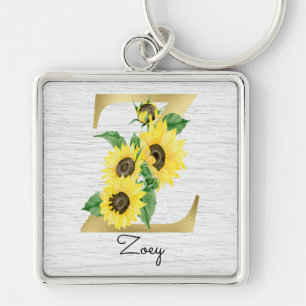 Monogram Gold Sunflower Girly Floral Initiaal Z Sleutelhanger