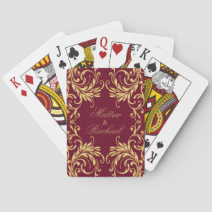 Monogram Golden Damask op Dark Red Pokerkaarten