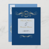 Monogram Golden Swirls Elegant Blue RSVP Uitnodiging Briefkaart (Voorkant / Achterkant)