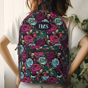 Monogram Gothic Rose Roze Paars en Blauwe Bloemen Bedrukte Rugzak