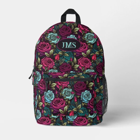 Monogram Gotisch Roos Roze Paarse en Blauwe Bloeme Bedrukte Rugzak (Voorkant)