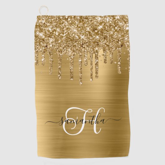 Monogram Goud Dripping Glitter Golfhanddoek (Voorkant)