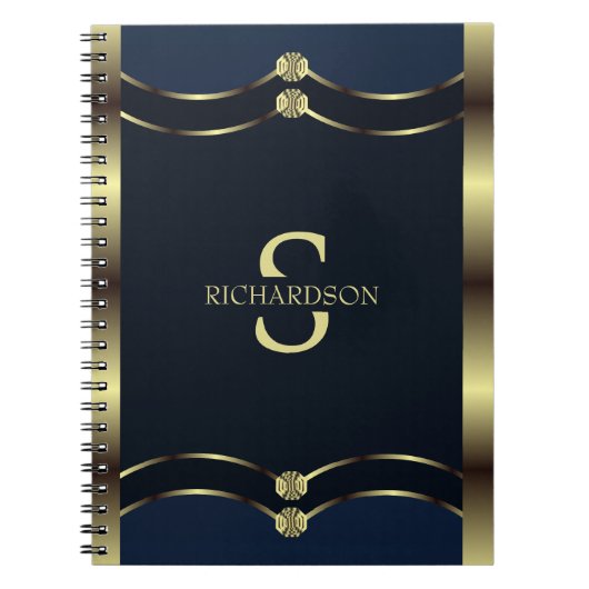 Monogram Goud en Marine Blauw Geometrisch Notitieboek (Voorkant)
