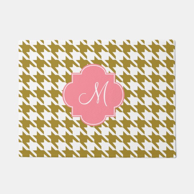 Monogram goud en roze houndstooth Pattern Deurmat (Voorkant)