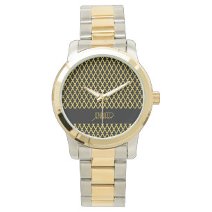 Monogram goud en zwart quatrefoil patroon horloge