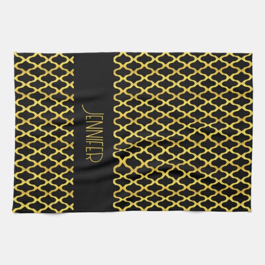 Monogram goud en zwart quatrefoil patroon theedoek (Horizontaal)