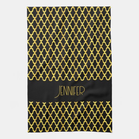 Monogram goud en zwart quatrefoil patroon theedoek (Verticaal)