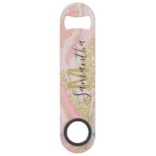 Monogram goud glitter roze marmeren patroon speed flessenopener