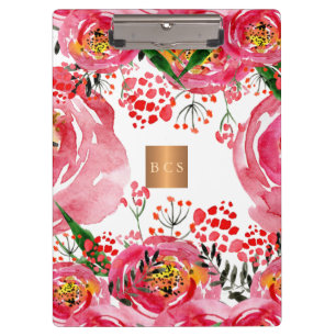 Monogram goud koper metallic roze witte bloemen klembord