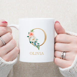 Monogram goud letter O   Bloemrijk roze wit groen Koffiemok