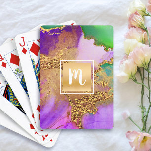 Monogram goud paars groen agaat aquarel vet  pokerkaarten