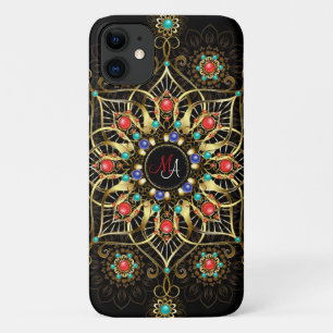 Monogram Goud Turquiose Rood Mandala Juweel iPhone 11 Hoesje
