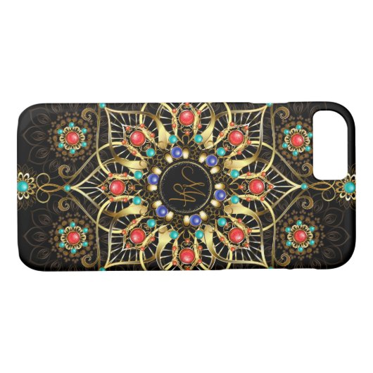 Monogram Goud Turquiose Rood Mandala Juweel Case-Mate iPhone Case (Achterkant (Horizontaal))