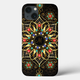 Monogram Goud Turquiose Rood Mandala Juweel iPhone 13 Hoesje