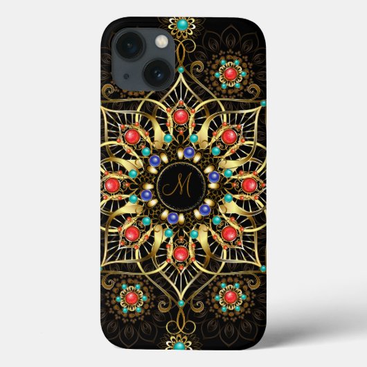 Monogram Goud Turquiose Rood Mandala Juweel Case-Mate iPhone Case (Achterkant)