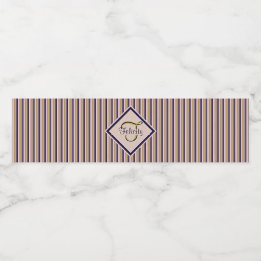 Monogram goud, Violet, Paarse en roze strepen Waterfles Etiket (Enkel label)