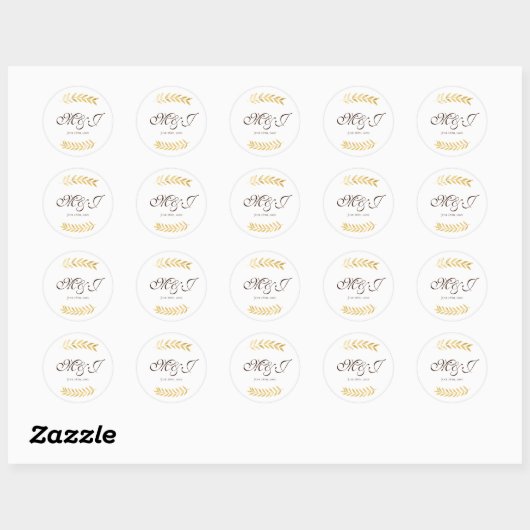 Monogram gouden bladeren takken en donkerbruin ronde sticker (Vel)