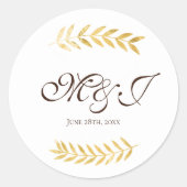Monogram gouden bladeren takken en donkerbruin ronde sticker (Voorkant)