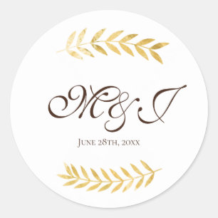 Monogram gouden bladeren takken en donkerbruin ronde sticker