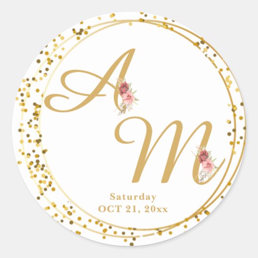 Monogram Gouden Bloem Minimaal Wit Ronde Sticker (Voorkant)