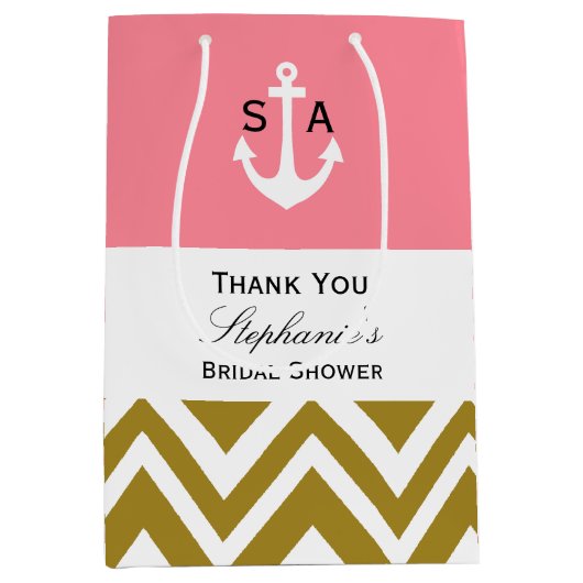 Monogram Gouden Chevron met Roze Nautische Bruid Medium Cadeauzakje (Voorkant)