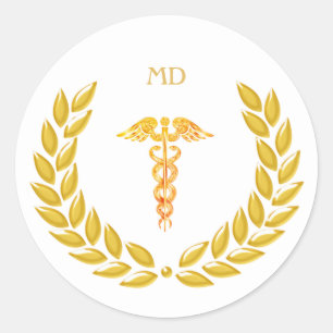 Monogram & Gouden Dokter Caduceus Ronde Sticker