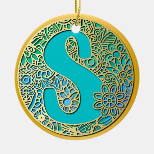 Monogram gouden en turquoise S en kleurrijke bloem Keramisch Ornament (Voorkant)