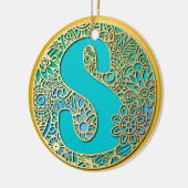 Monogram gouden en turquoise S en kleurrijke bloem Keramisch Ornament (Links)