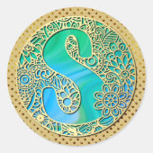 Monogram gouden en turquoise S en kleurrijke bloem Ronde Sticker (Voorkant)