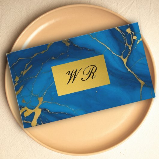 Monogram gouden glitter blauw marmer visitekaartje