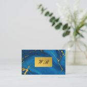 Monogram gouden glitter blauw marmer visitekaartje (Staand voorkant)