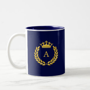 Monogram & Gouden Kroon & Laurier op Navy Blauwe Tweekleurige Koffiemok