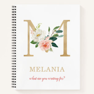 Monogram Gouden Letter M   Bloemrijke Spreuk of ci Notitieboek