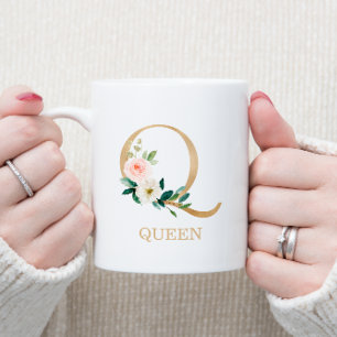 Monogram Gouden Letter Q   Bloemig Roze Wit Groen Koffiemok