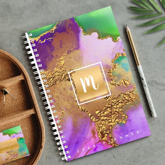 Monogram gouden paarse groene agaat waterverf chic planner