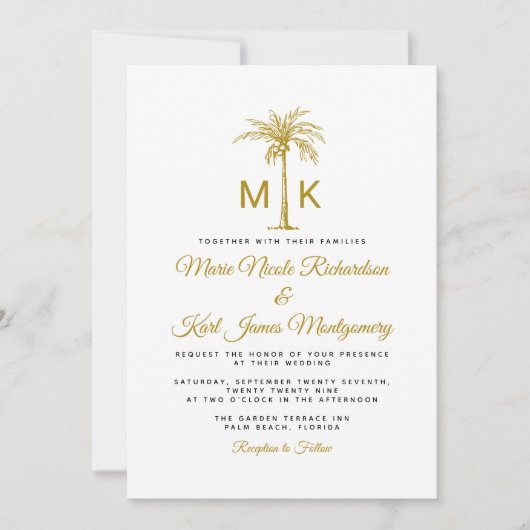 Monogram gouden palmboom formele strand bruiloft kaart (Voorkant)