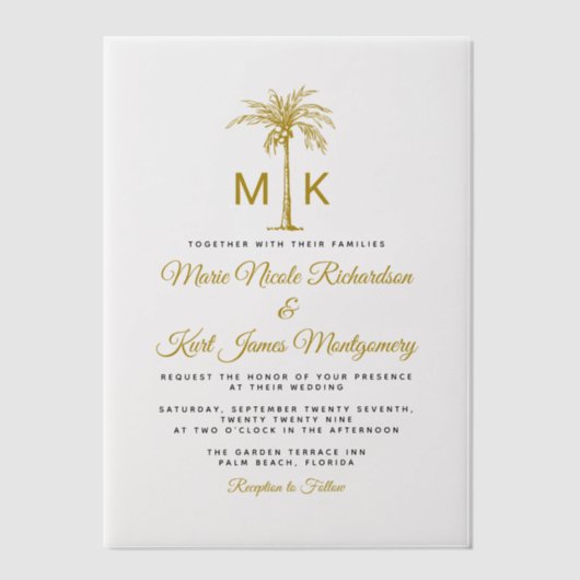 Monogram gouden palmboom formele strand bruiloft vellum uitnodigingen (Voorkant)