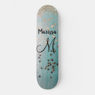 Monogram Gouden Sterren Glitter op Blauwgroen Skateboard