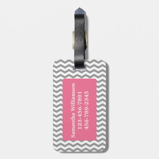 Monogram Gray Chevron Zigzag & Roze Bagagelabel (Achterkant verticaal)