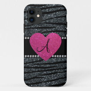 Monogram Gray glitter zebra strepen roze hart iPhone 11 Hoesje