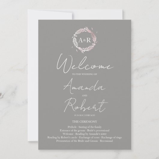 Monogram Gray Wedding Ceremony Program Kaart (Voorkant)