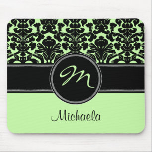Monogram Green Black White Damask Mousepad Muismat