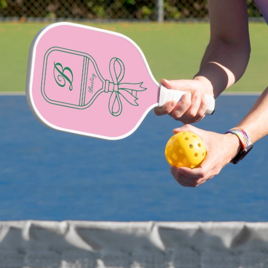 Monogram Green Bow Pink Pickleball Paddle (Insitu)