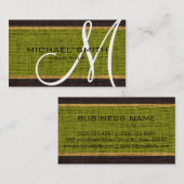 Monogram Green Burlap Linen Rustic Jute Visitekaartje (Voorkant / Achterkant)