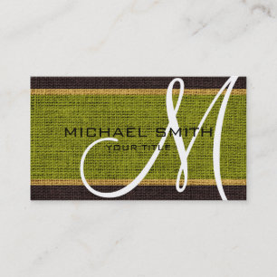 Monogram Green Burlap Linen Rustic Jute Visitekaartje