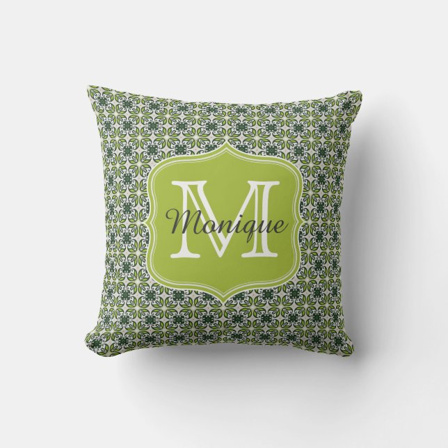 Monogram Green Flowers Patroon Kussen (Voorkant)